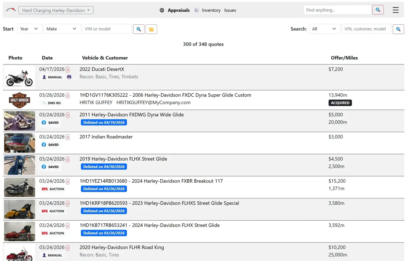 MotoHunt appraisals dashboard showing quote history with VINs, customer names, offer prices, mileage, and source tags including DMS RO, SERVICE, NPA AUCTION, and MANUAL entries